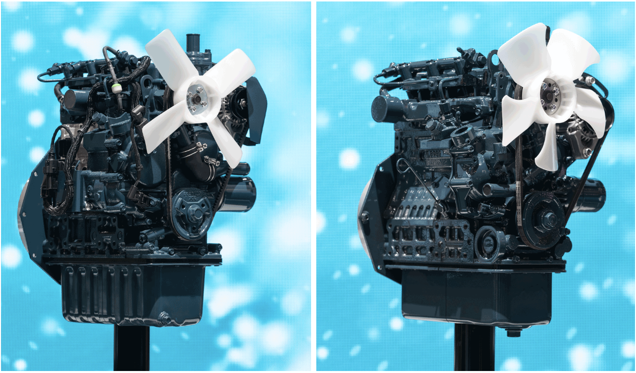 In the near future, mass production is scheduled for the D1105-K electronically-controlled small diesel engine (left), incorporating the same TVCR technology as the D902-K (right).